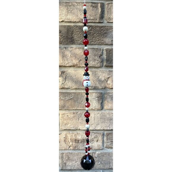 Beaded Snowman Suncatcher Red White Black Crystal Prism Hanging Patio Decor - Picture 6 of 8